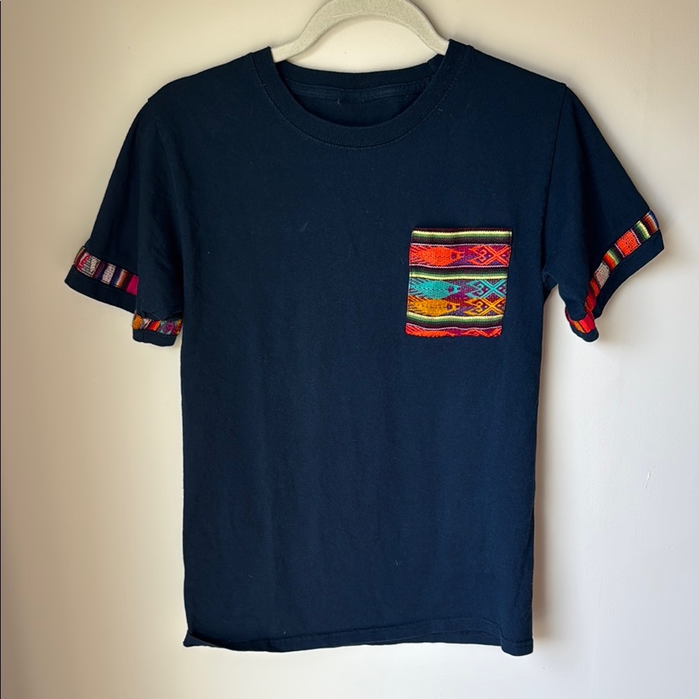 Navy T-shirt with handwoven details